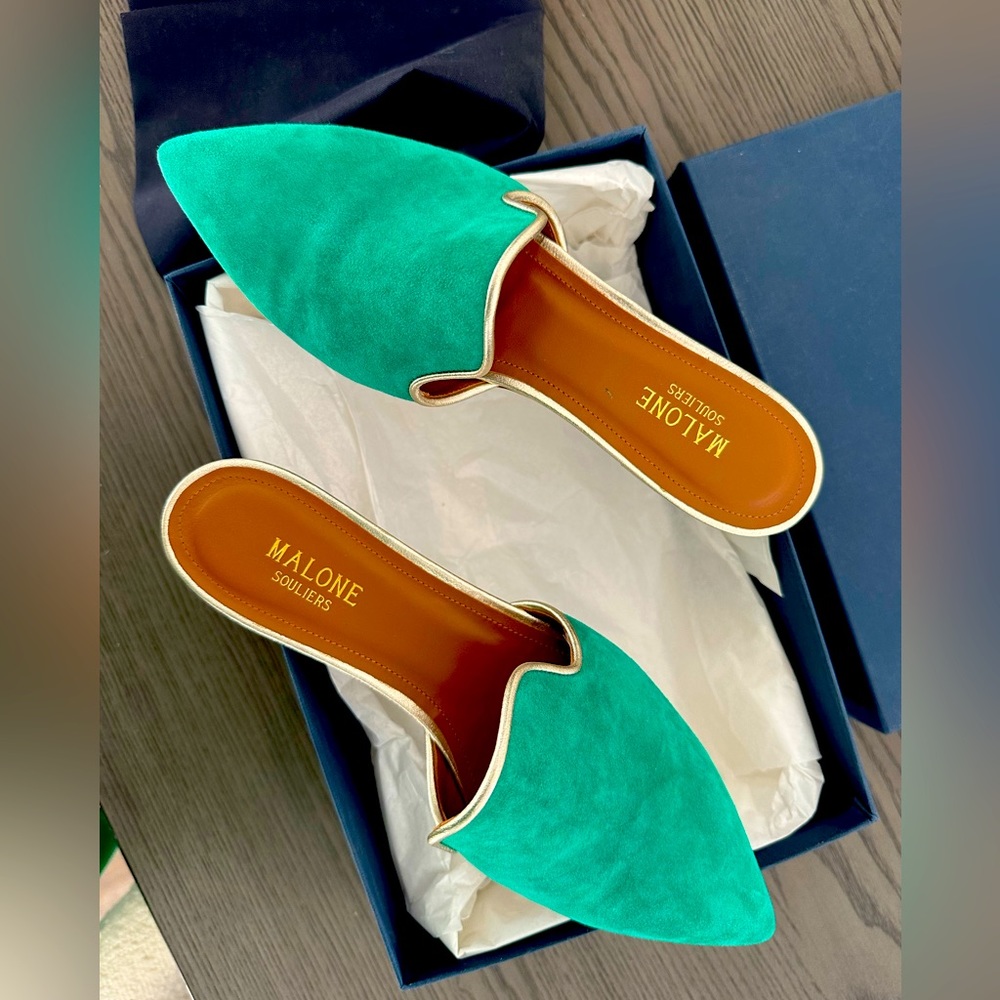 SOLD!!!!   MALONE SOULIERS
Green Suede Sandals / Mules